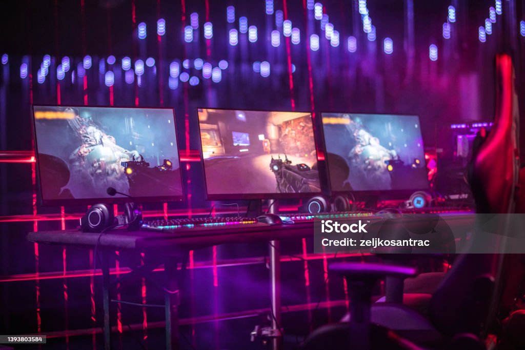 Interior of a gamer room Interior of a gamer room  lit with neon lights eSports Stock Photo