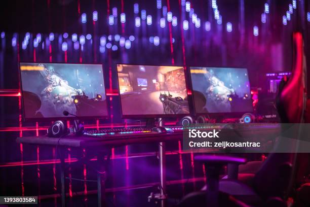 Interior Of A Gamer Room Stock Photo - Download Image Now - eSports, Video Game, Computer Monitor