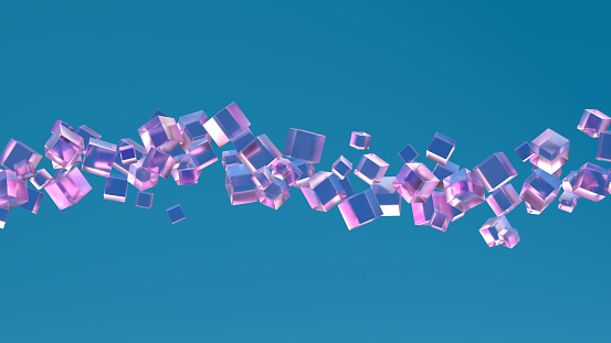 Abstract flying cubes on colorful background, 3d render.