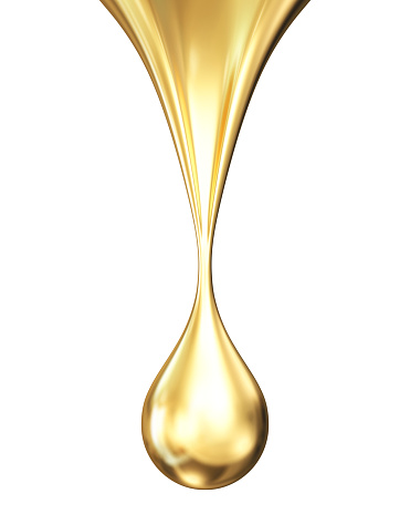 Golden oil dripping drop isolated on white background. 3D Render