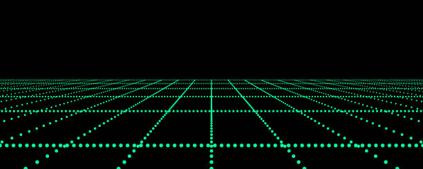 istock Abstract green perspective grid. Digital background in retro style. Cyber landscape on black background. Vector illustration. 1393808998