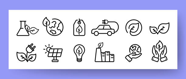 ilustrações de stock, clip art, desenhos animados e ícones de save planet set icon. test tube, earth, tag, electric car, leaf, lamp, solar battery, plant, planet. eco concept. vector line icon for business and advertising - friendly match