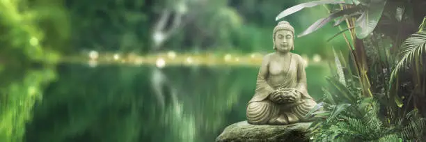 buddha statue on a rock lakeside, natural spa background with asian spirit, tranquility in green nature, web banner concept with copy space