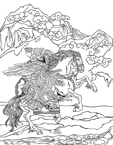 Hunting with a golden eagle on a horse. Black and white illustration