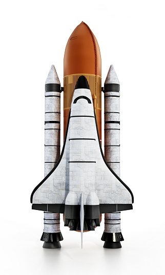 Space shuttle with carrier rockets isolated on white.