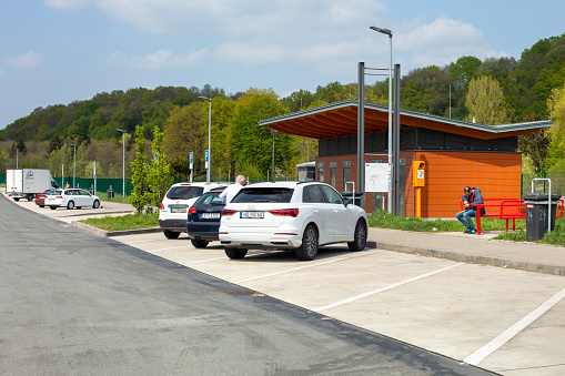 Lohmar, Germany - April 23, 2022: Parked cars at German rest area Suelztal at highway A3.