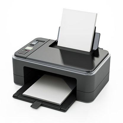 Desktop inkjet printer with blank A4 papers isolated on white.
