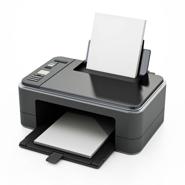 Desktop inkjet printer with blank A4 papers isolated on white Desktop inkjet printer with blank A4 papers isolated on white. computer printer office printout digital display stock pictures, royalty-free photos & images