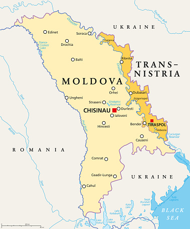Moldova and Transnistria, political map. Republic of Moldova, with capital Chisinau, and the Pridnestrovian Moldavian Republic, PMR, a disputed and unrecognized breakaway state, with capital Tiraspol.