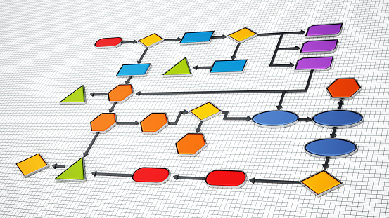 Colorful geometric shapes connected with arrows forming a software diagram.
