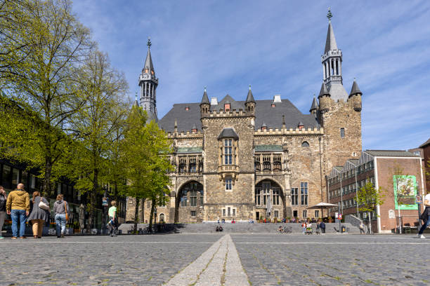 Aachen, Germany - Apr 18th 2022: Aachen historical town hall is a prominent building near town square.