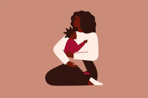Vector illustration of African American mother holds her toddler daughter with love and care. Black woman sits with her child on her hands. Happy Mother's Day concept. vector illustration.