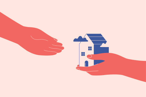 One hand gives to another hand small house. Provision of help and shelter to person in need. Concept of the safe place. One hand gives to another hand small house. Provision of help and shelter to person in need. Concept of the safe place. Acquisition of ownership or rental of property. Vector concept estate stock illustrations