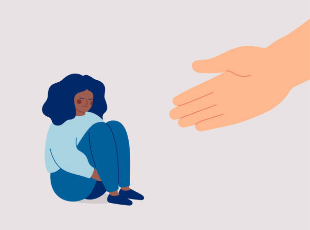 Human hand helps a sad black woman to get rid of anxiety. The counselor supports the African American girl with psychological problems. Mental health aids and medical help for people under depression Human hand helps a sad black woman to get rid of anxiety. The counselor supports the African American girl with psychological problems. victim advocacy stock illustrations