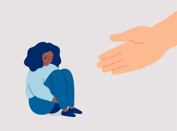 Vector illustration of Human hand helps a sad black woman to get rid of anxiety. The counselor supports the African American girl with psychological problems. Mental health aids and medical help for people under depression