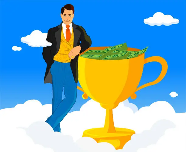 Vector illustration of Very rich man on the clouds