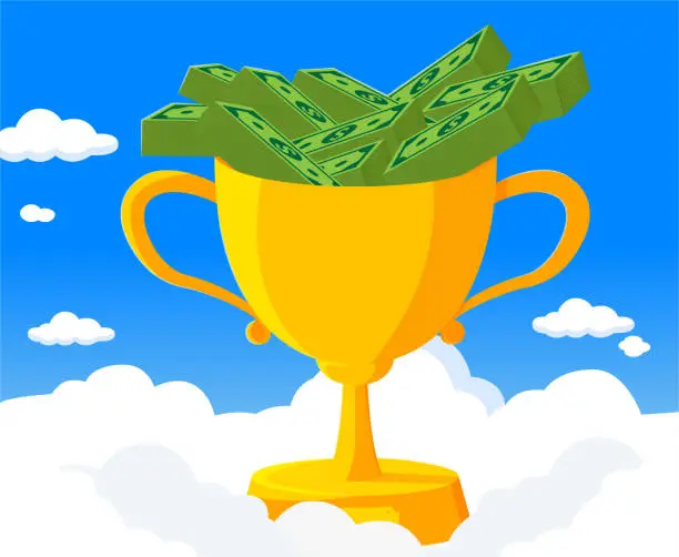 Vector illustration of Trophy full of banknote on the clouds