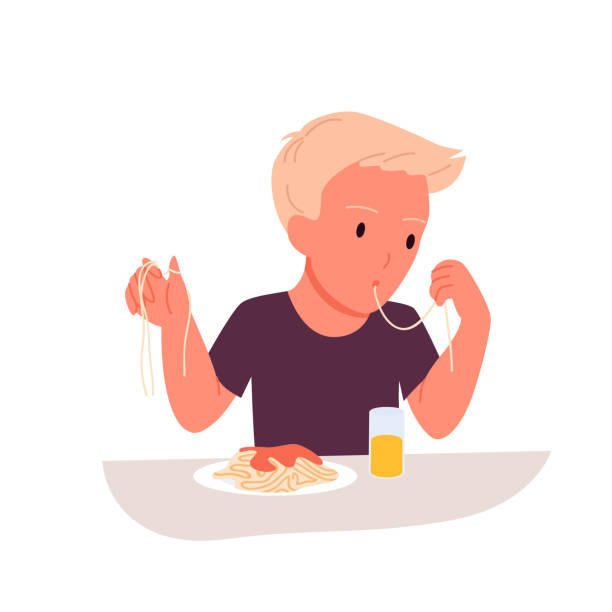 Cute Hungry Boy Eating Spaghetti Bolognese On Dinner Or Lunch Healthy  Italian Food Stock Illustration - Download Image Now - iStock