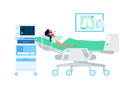 Lung ventilation of patient in intensive care unit. Sick person lying on hospital bed in resuscitation room with medical equipment flat vector illustration. ICU, emergency, healthcare concept