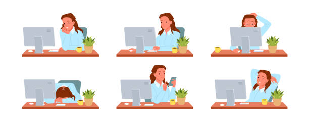 Wide set of female office worker at the desktop computer in diverse working poses Wide set of female office worker at the desktop computer in diverse working poses. Completion of administrative daily duties, secretary reception, tired and exhausted employee flat vector illustration bored teen stock illustrations