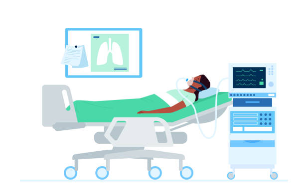 Patient intensive care with artificial lung ventilation Patient intensive care with artificial lung ventilation. Virus infected person in hospital bed with medical ventilator flat vector illustration oxygen monitor stock illustrations