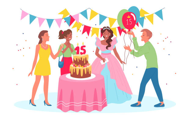 Birthday party celebration for teen princess vector illustration. Cartoon beautiful girl and friends celebrate with cake, boy holding balloons,15. Quinceanera concept. Birthday party celebration for teen princess vector illustration. Cartoon beautiful girl and friends celebrate with cake, boy holding balloons,15. Quinceanera concept princess crown tiara prom stock illustrations