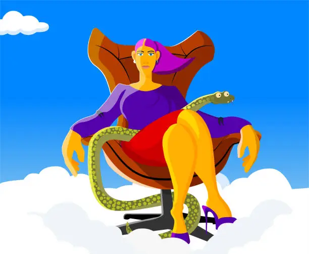 Vector illustration of Woman in the armchair with snake