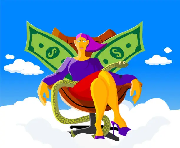 Vector illustration of Rich woman in armchair with snake