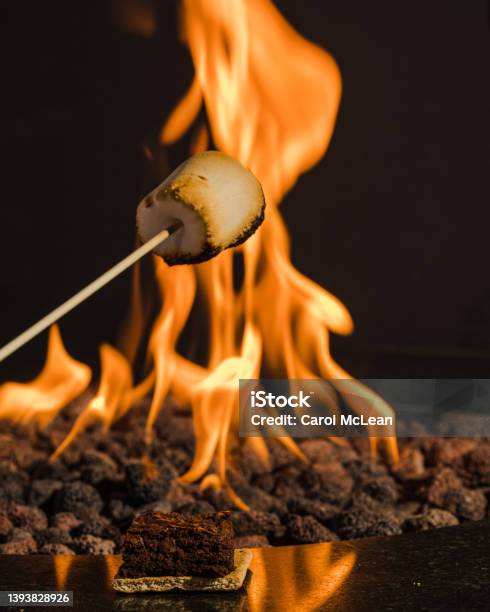Toasting A Marshmallow With A Blurred Fire In The Background Stock Photo - Download Image Now
