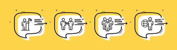 istock Sociability set icon. A person with a flag, 2 people with arrows, 3 people in a group, a person and a planet. Infographic timeline with icons and 4 steps. Vector line icon for Business and Advertising 1393830245
