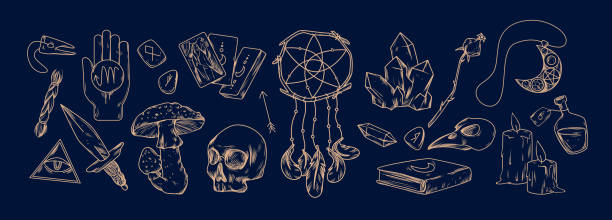 ilustrações de stock, clip art, desenhos animados e ícones de magic alchemist symbols set, spiritual objects and gothic occult tattoo on chalkboard - alchemist