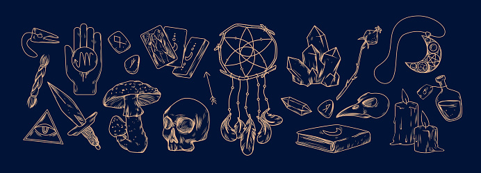 Magic alchemist symbols set vector illustration. Spiritual objects and gothic tattoo on chalkboard, hand drawing occult scary tools, magnificent amulets of witch and candles on dark blue background
