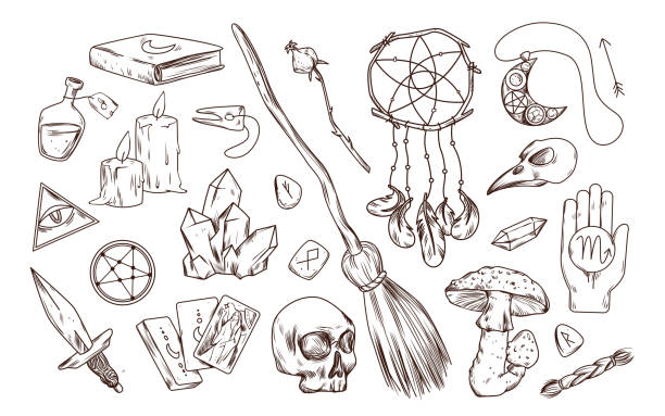 ilustrações de stock, clip art, desenhos animados e ícones de mystic set of magical items and tools for witches rituals - alchemist