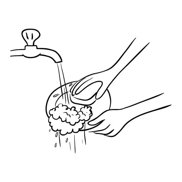 Vector illustration of Washing dishes line art