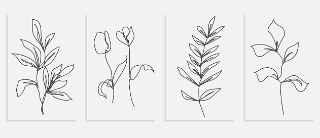 Vector handmade one line drawing leaves and flower prints set botanical foliage poster modern single line art aesthetic template banner backgrounds
