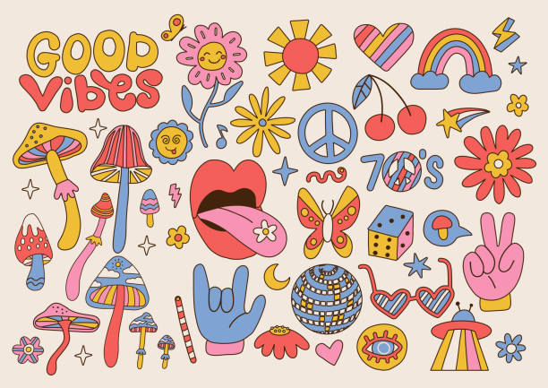 kuvapankkikuvitukset aiheesta iso sarja retro 70-luvun groovy elementtejä, söpö funky hippy tarroja. sarjakuva daisy kukkia, sieniä, rauhanmerkki, huulet, sateenkaari, hippi kokoelma. positiivinen käsi drdawn vektori eristetty symbolit . - hippie