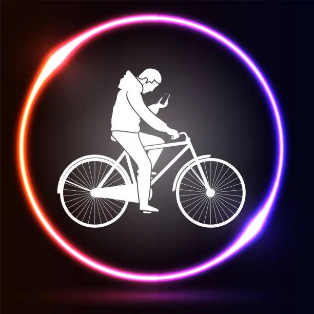 Vector illustration of Young man uses the smartphone and rides his bike