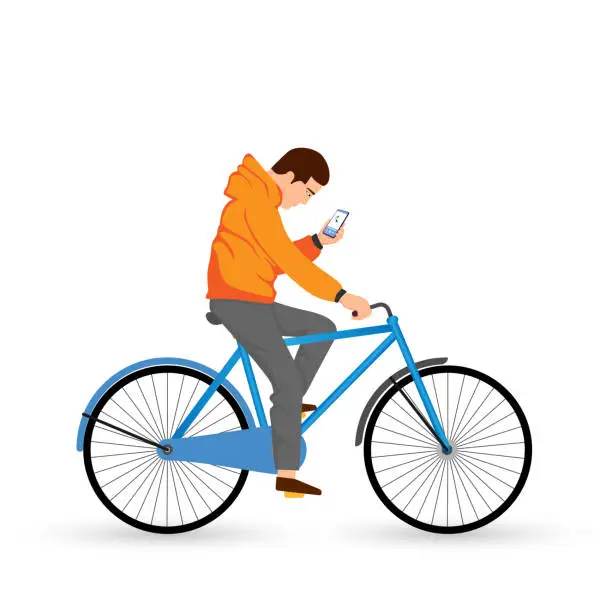 Vector illustration of Young man uses the smartphone and rides his bike