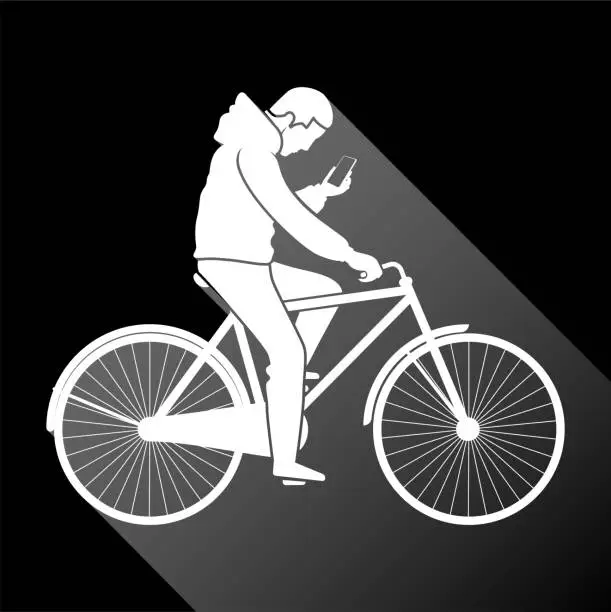 Vector illustration of Young man uses the smartphone and rides his bike