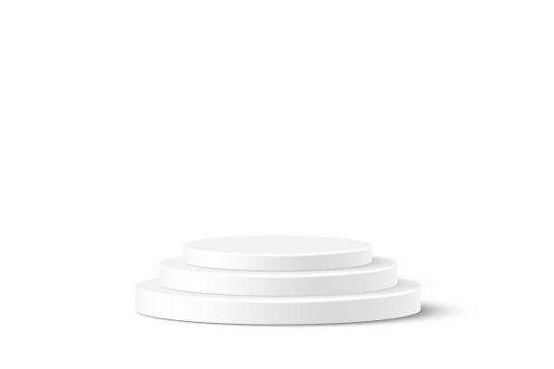 istock 3d cylinder podiums for product presentation in showroom vector illustration. Realistic luxury white platform, grey display base with three steps isolated on white background. 1393834770