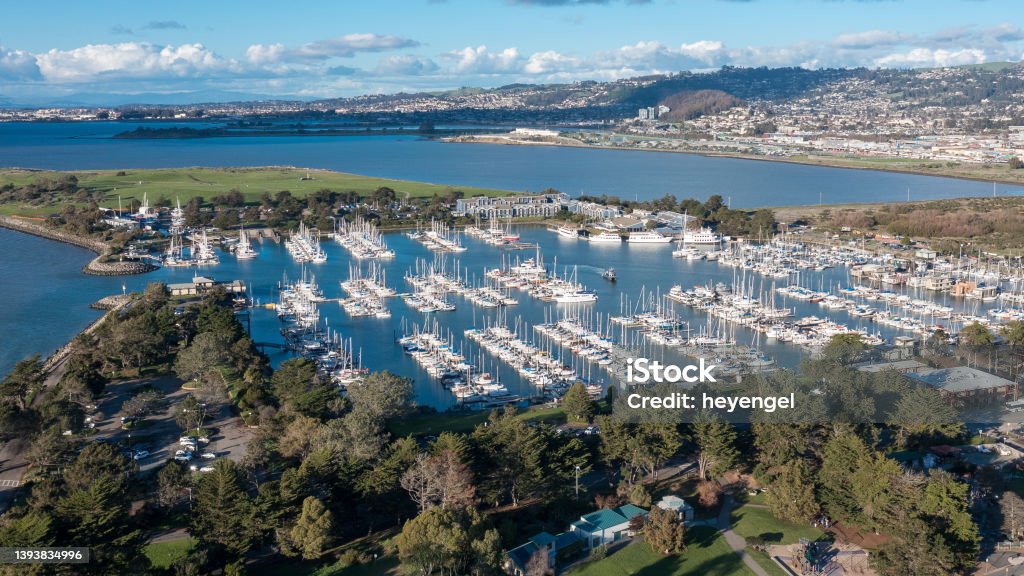 Aerial view of boats over blue water in Berkeley Marina, SF Bay Area Aerial view of boats over blue water in Berkeley Marina, SF Bay Area, California, USA Berkeley - California Stock Photo