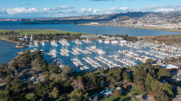 Aerial view of boats over blue water in Berkeley Marina, SF Bay Area Aerial view of boats over blue water in Berkeley Marina, SF Bay Area, California, USA berkeley california stock pictures, royalty-free photos & images