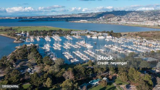 Aerial View Of Boats Over Blue Water In Berkeley Marina Sf Bay Area Stock Photo - Download Image Now