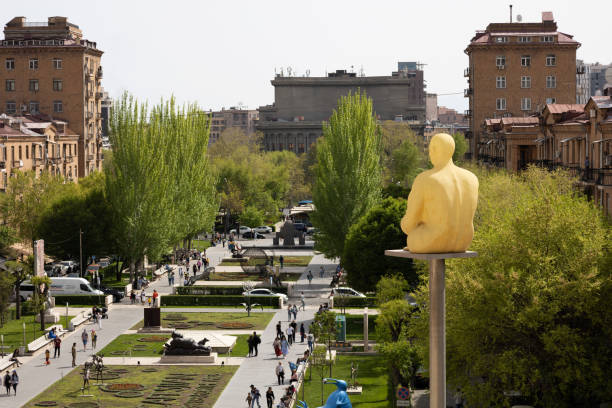 Yerevan, Armenia - April 23, 2022: Modern art statue, Opera House and the surroundings