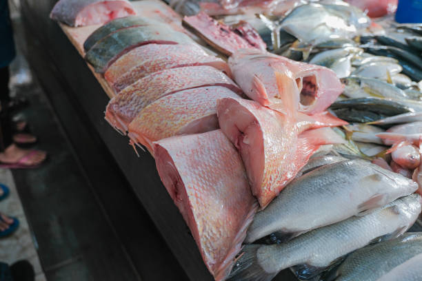 istock Fresh fish in a fish market. 1393837426