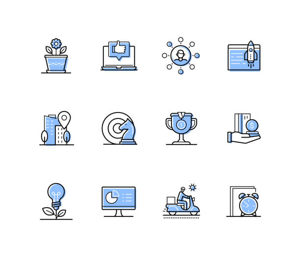 Successful business launch - modern line design style icons set vector art illustration