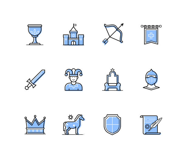 Middle Ages - modern line design style icons set Middle Ages - modern line design style icons set with editable stroke. Knights and kings. Castle, bow and sword, flag, court jester, throne, crown, coat of arms on the shield, horse, decree, medieval chivalry stock illustrations