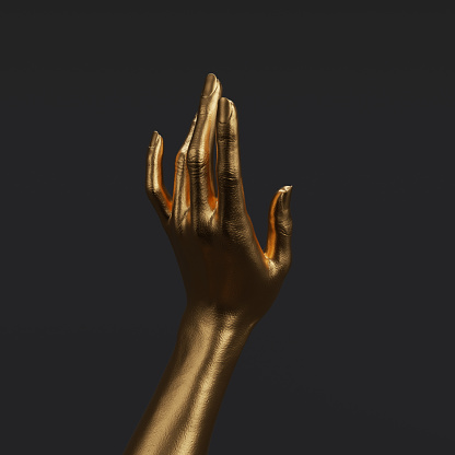 Gold female hand elegant gesture. Mannequin hand sculpture isolated on black, 3d rendering.