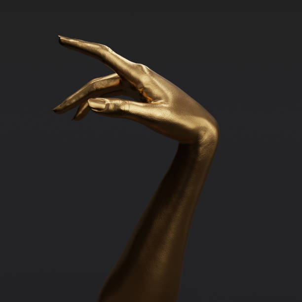 istock Gold female hand elegant gesture. Mannequin hand sculpture isolated on black, 3d rendering. 1393839191