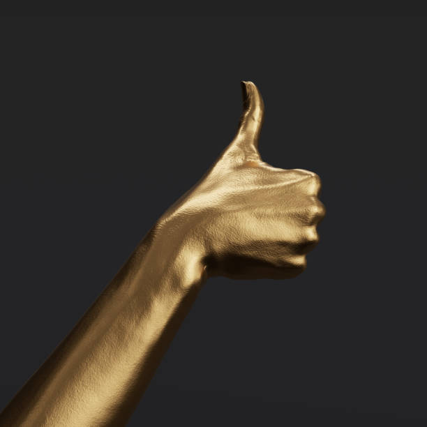 istock Thumb up gold hand gesture isolated black, yes like sculpture creative concept, 3d rendering 1393839227